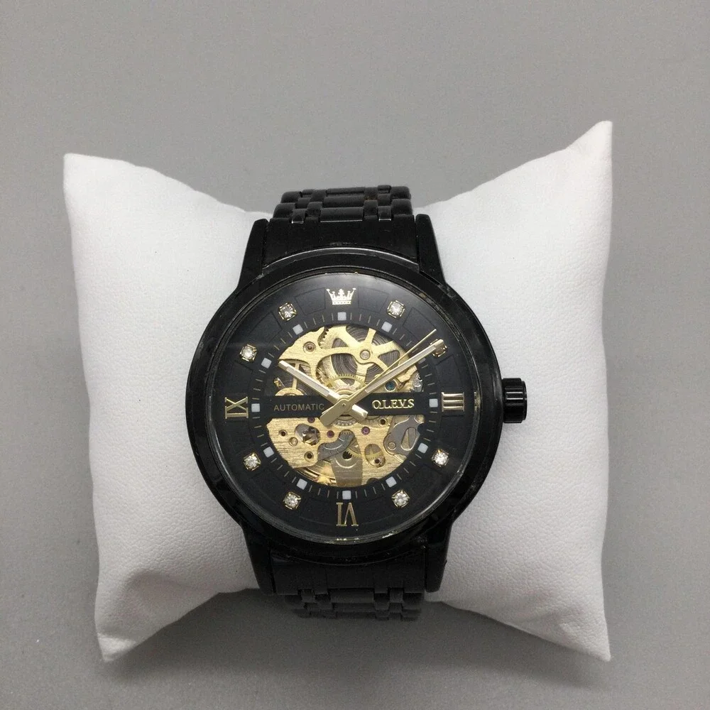 OLEVS G9901 Mens Watch 41mm Black Gold Tone Skeleton Stainless Automatic 7.25